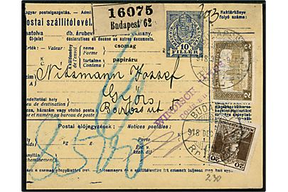 10 f. helsags-adressekort med 20 f. og 2 kr. fra Budapest d. 9.12.1918 til Györ.