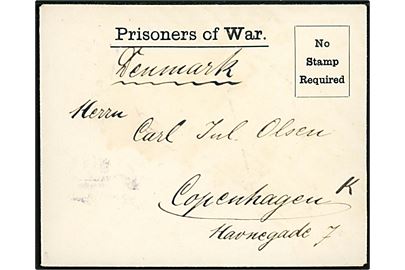 Ufrankeret fortrykt britisk krigsfangebrev fra tysk fange Adolph Cramer, No. 1632 i West Camp, Wakefield til København, Danmark. Åbnet af britisk censur og ank.stemplet i Kjøbenhavn d. 11.7.19116.