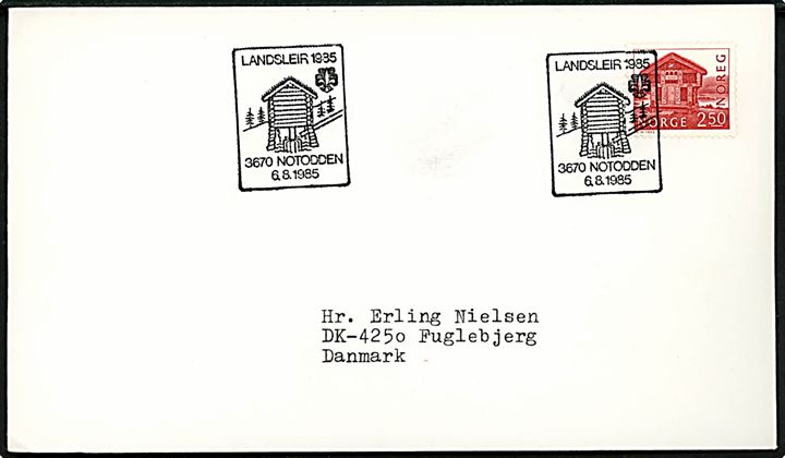 2,50 kr. på filatelistisk brev annulleret med spejder særstempel Landsleir 1985 Nordodden d. 6.8.1985 til Fuglebjerg, Danmark.