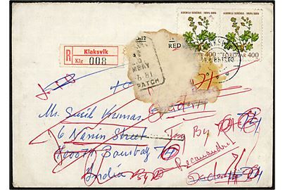 4 kr. Fjeldblomster i parstykke på anbefalet brev fra Klaksvik d. 14.4.1981 til Bombay, Indien. Retur til Danmark med flere stempler. 