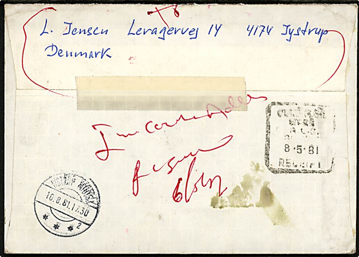 4 kr. Fjeldblomster i parstykke på anbefalet brev fra Klaksvik d. 14.4.1981 til Bombay, Indien. Retur til Danmark med flere stempler. 