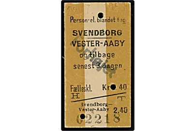 Togbillet. Svendborg - Vester-Aaby og tilbage senest 3. dagen. Fælleskl. kr. 2.40. Brugt 22.7.1951.