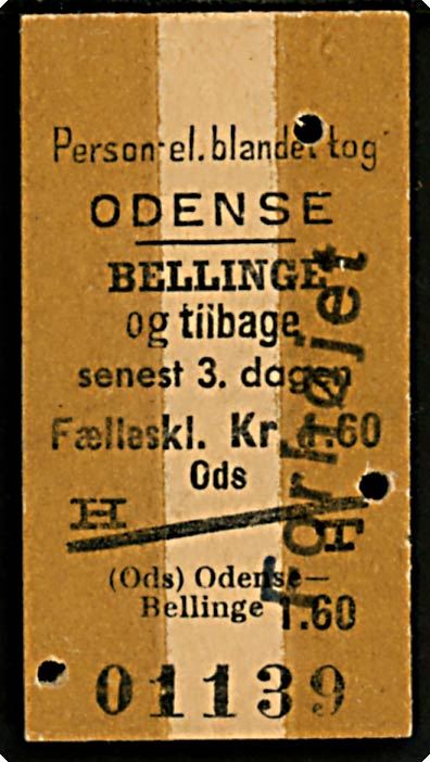 Togbillet. Odense - Bellinge og tilbage senest 3. dagen. Fælleskl. kr. 1.60. Brugt 25.8.1951. Påtrykt Forhøjet.