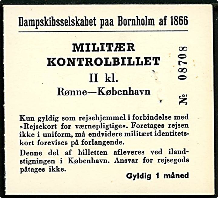 Dampskibsselskabet paa Bornholm af 1866. Militærkontrolbillet for rejse på II. kl. Rønne - København. På bagsiden stemplet 30.5.1938.