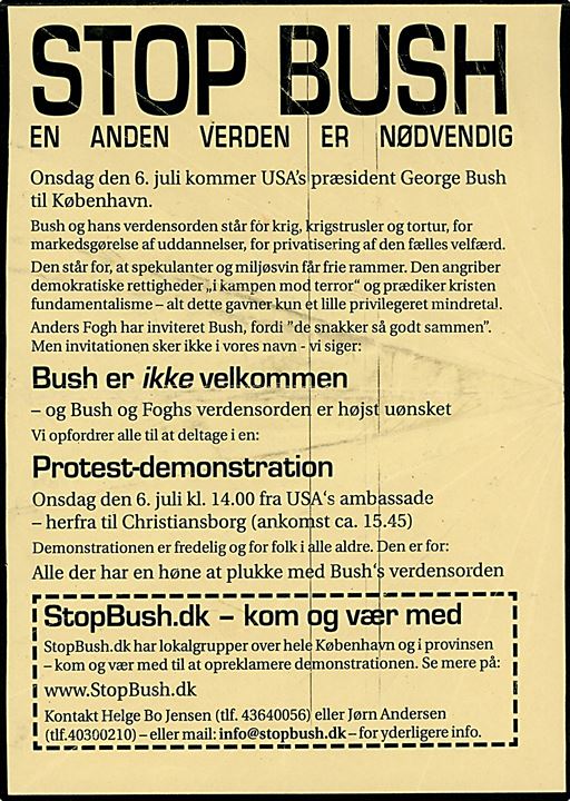 STOP BUSH, løbeseddel fra protest demonstration ved den amerikanske ambassade i København. 