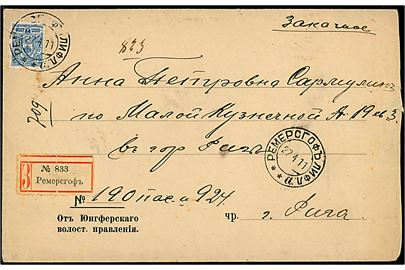 7 kop. Våben single på anbefalet tjenestebrev stemplet Remershof Lifl. d. 27.4.1911 til Riga.