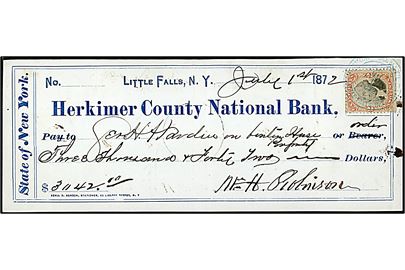 U.S.Inter.Rev. 2 cents Washington på bankcheck fra Herkimer County National Bank i Little Falls New York d. 1.7.1872.