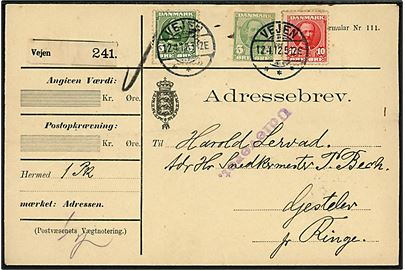 5 øre og 10 øre Fr. VIII, samt 5 øre Fr. VIII helsagsafklip, på adressebrev for pakke fra Vejen d. 12.4.1912 til Gjestelev pr. Ringe.