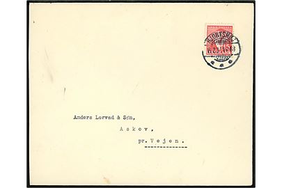 15 øre Tavsen på brev annulleret med brotype Ic Hjortshøj d. 16.2.1937 til Askov pr. Vejen.