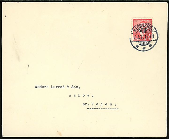 15 øre Tavsen på brev annulleret med brotype Ic Hjortshøj d. 16.2.1937 til Askov pr. Vejen.