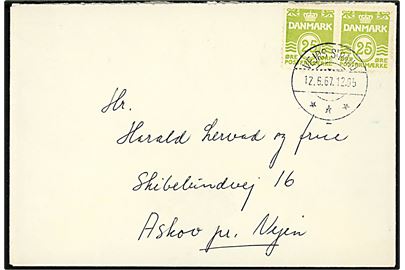 25 øre Bølgelinie i parstykke på brev annulleret med omgraveret pr.-stempel Vejrs Strand *** d. 12.6.1967 til Askov pr. Vejen. Stempel benyttet ca. 1 år senere end registreret hos Vagn Jensen.