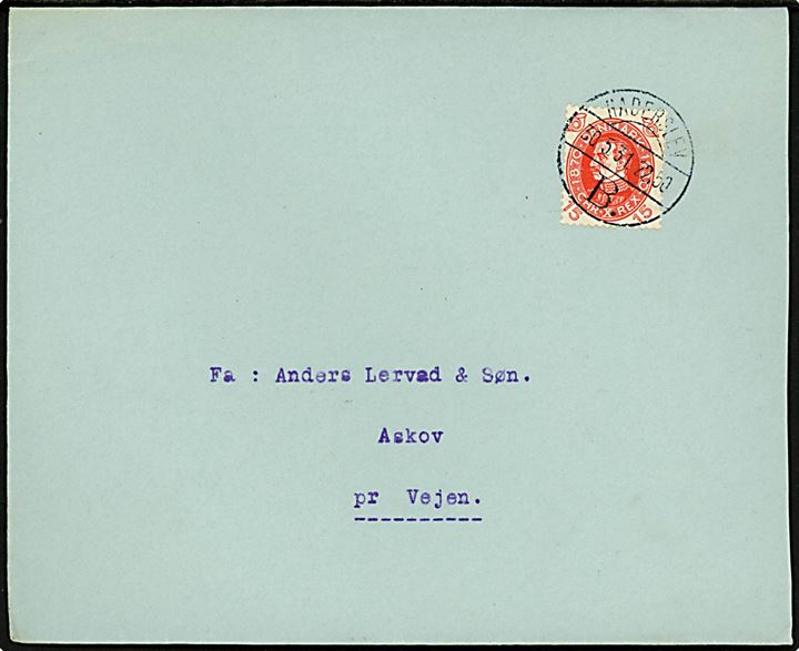 15 øre Chr. X 60 år på brev annulleret med brotype Vd Haderslev B. d. 30.5.1931 til Askov pr. Vejen.