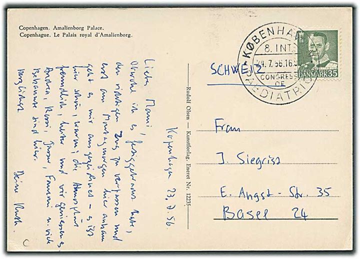 35 øre Fr. IX på brevkort annulleret med særstempel København 8. Int. Congress od Paediatrics d. 24.7.1956 til Basel, Schweiz.
