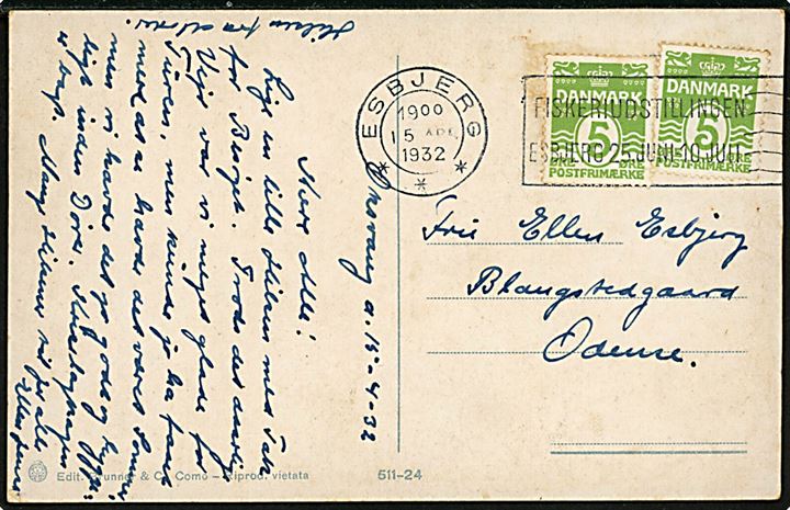 5 øre Bølgelinie (2) på brevkort annulleret med TMS Esbjerg / Fiskeriudstillingen Esbjerg 25. juni - 10 juli d. 15.4.1932 til Odense. 