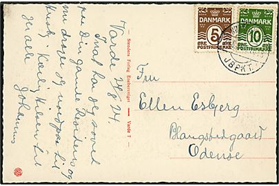 5 øre og 10 øre Bølgelinie på brevkort fra Varde annulleret med reserve bureaustempel (R7) Nørrejyll's JBPKT. sn1 T.1018 d. 24.8.1924 til Odense. Stempel benyttet på strækningen Fredericia - Struer. 