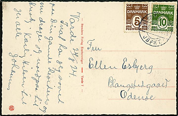 5 øre og 10 øre Bølgelinie på brevkort fra Varde annulleret med reserve bureaustempel (R7) Nørrejyll's JBPKT. sn1 T.1018 d. 24.8.1924 til Odense. Stempel benyttet på strækningen Fredericia - Struer. 