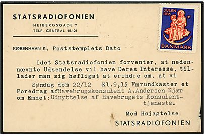 10 øre H. C. Andersen på brevkort fra Statsradiofonien i København d. 19.12.1935 til Odense. Meddelelse om kommende udsendelse. Enestående service.