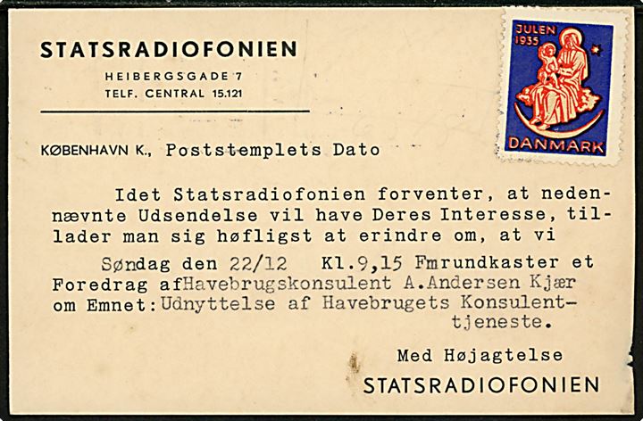 10 øre H. C. Andersen på brevkort fra Statsradiofonien i København d. 19.12.1935 til Odense. Meddelelse om kommende udsendelse. Enestående service.