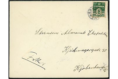 5 øre Bølgelinie på brev annulleret med stjernestempel SØNDER OMME til København. Ank.stempel i Kjøbenhavn d. 9.1.1914. Afs.-adresse bortklippet.