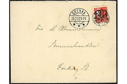15 øre Karavel på brev annulleret med stjernestempel KASTBJERG og sidestemplet Grenaa d. 26.2.1927 til Gørding St.
