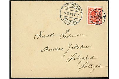 10 øre Chr. X på brev annulleret med stjernestempel AALE og sidestemplet bureau Horsens - Tørring T.7 d. 1.10.1914 til Ørtinge.