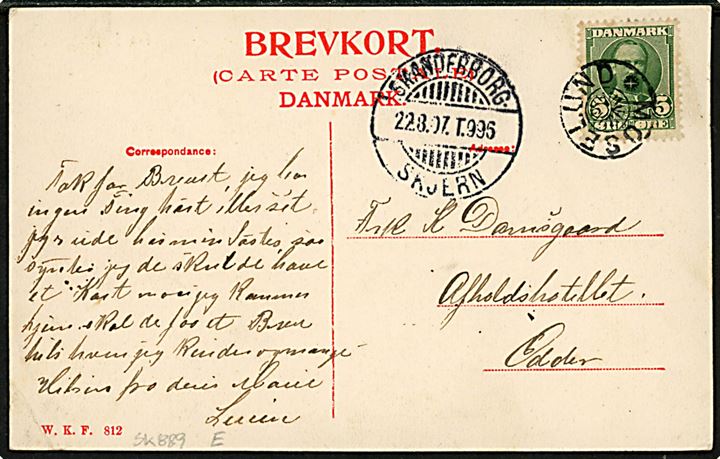5 øre Fr. VIII på brevkort annulleret med stjernestempel MOSELUND og sidestemplet bureau Skanderborg - Skjern T.996 d. 22.8.1907 til Odder.