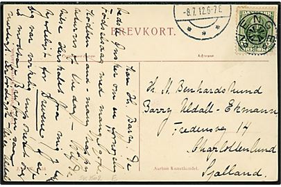 5 øre Fr. VIII på brevkort annulleret med stjernestempel VENGE og sidestemplet med yderligt placeret stempel (Skanderborg ?) d. 8.7.1912 til Charlottenlund.