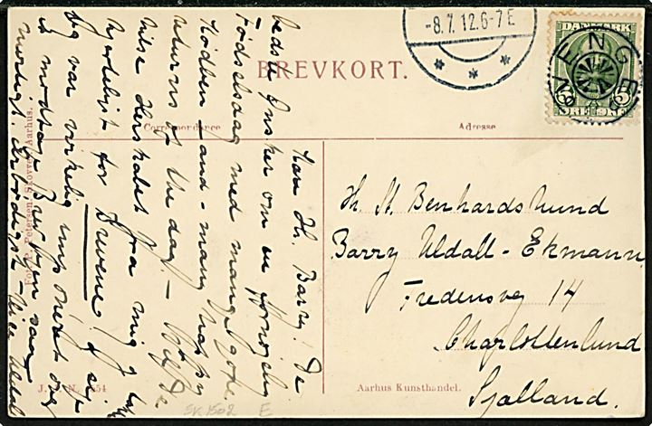 5 øre Fr. VIII på brevkort annulleret med stjernestempel VENGE og sidestemplet med yderligt placeret stempel (Skanderborg ?) d. 8.7.1912 til Charlottenlund.