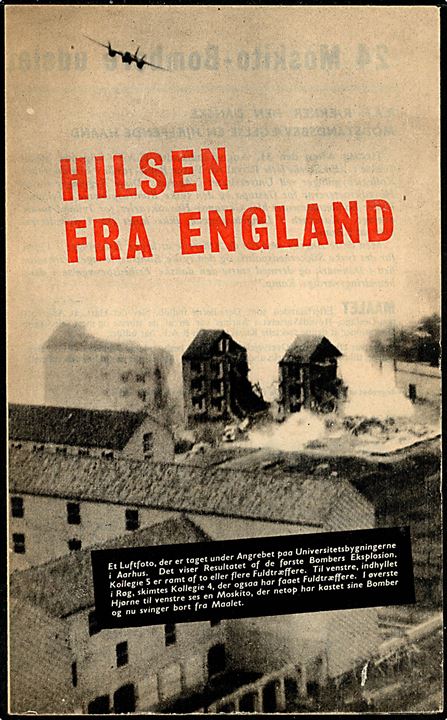 Hilsen fra England. RAF angreb på Gestapo hovedkvarter i Aarhus. Fremstillet af Political Warfare Executive og nedkastet af RAF over Danmark dec. 1944. Formular D.9