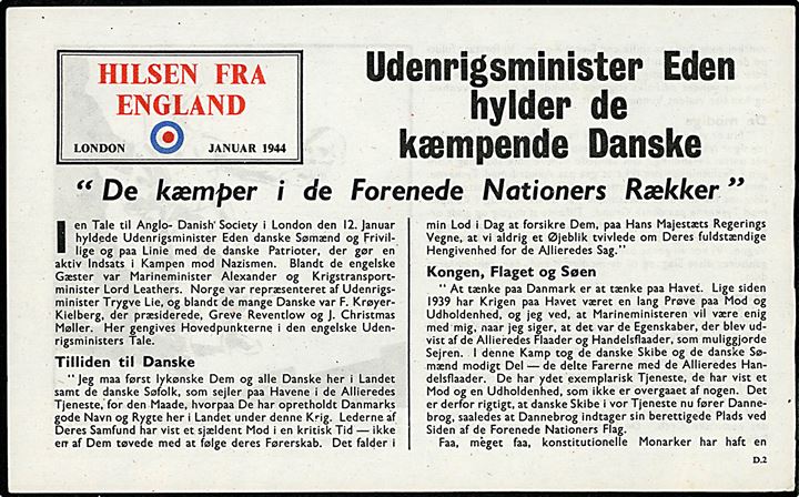 Hilsen fra England / London Januar 1944. Fremstillet af Political Warfare Executive og nedkastet af RAF over Danmark marts-maj 1944. Formular D.2