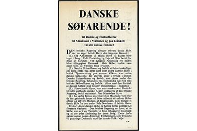 Danske Søfarende!. Fremstillet af Political Warfare Executive, men kendes ikke nedkastet i Danmark. Formular D.20