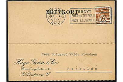 10 øre Bølgelinie med perfin HG på firma brevkort fra Hugo Grün & Co. i København d. 15.10.1931 til Roskilde.
