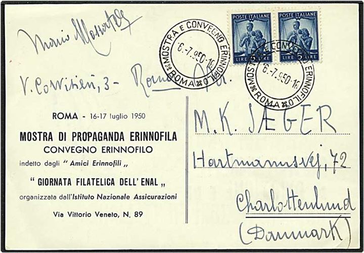 10 lire på postkort fra Rom, Italien, d. 6.7.1950 til Charlottenlund.