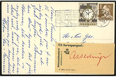 20 øre Fr. IX og Julemærke 1962 på julekort fra Århus C d. 21.12.1962. Påsat etiket fra Returpostkontoret - P.4007c (1-59 1/3A7) til forespørgsel i Assendrup.