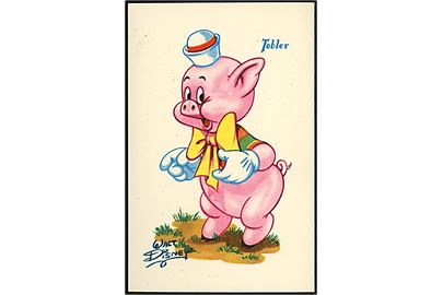Walt Disney. Grynt fra Tre Små grise. Fransk reklamekort fra 50'erne for Tobler chokolade. Georges Lang, Paris u/no.