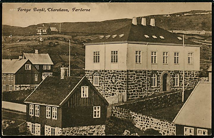 Thorshavn, Føroya Banki. A. Brend u/no. Frankeret med 15 øre Chr. X fra Thorshavn d. 10.10.1923 til København.