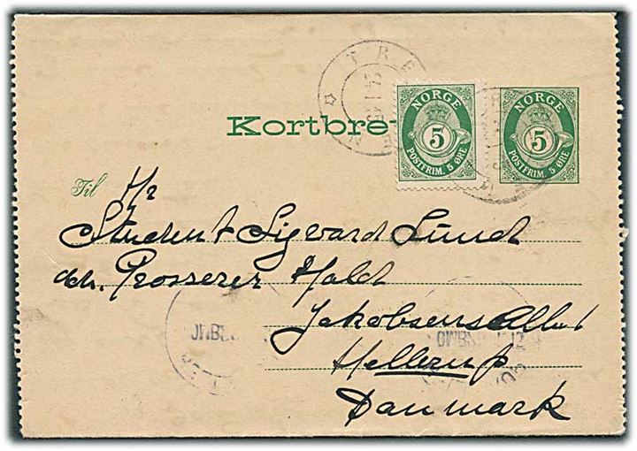 5 øre helsagskorrespondancekort opfrankeret med 5 øre Posthorn fra Tre... d. 24.1.1915 til Hellerup, Danmark.