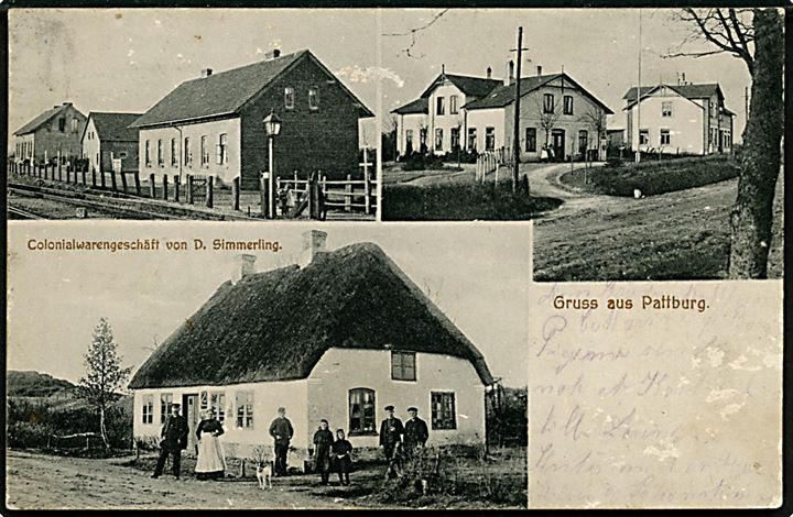 Pattburg (Padborg), Gruss aus med partier og D. Simmerling's kolonialhandel. A. Juul u/no. Slidt med tidl. ejerstempel på bagsiden.