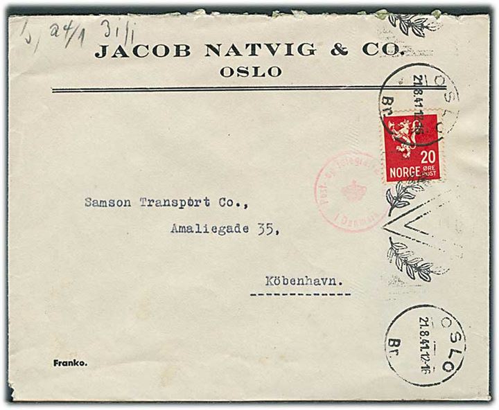 20 øre Løbe på brev fra Oslo d. 21.8.1941 til København, Danmark. Åbnet af tysk censur i Oslo og passér stemplet ved censuren i København.