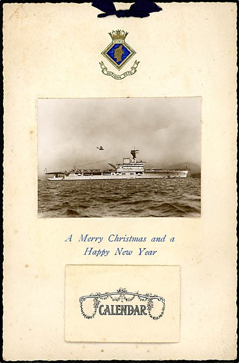 HMS Hermes, Royal Navy hangarskib. Nytårskort med påklæbet fotografi og kalender for 1928.