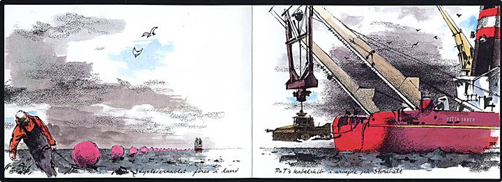 Des Asmussen: Post- og Telegrafvæsenet julekort 1985 med tegning af kabelskibet Peter Faber på arbejde i Storebælt. 
