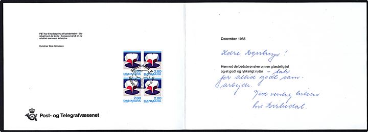 Des Asmussen: Post- og Telegrafvæsenet julekort 1985 med tegning af kabelskibet Peter Faber på arbejde i Storebælt. 