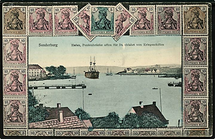 Sønderborg, Frimærke-hilsen med pontonbro og ankommende orlogsskib. M. Madsen ui/no.