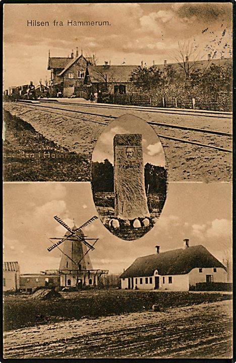 Hammerum, Hilsen fra, jernbanestation med holdende damptog, mindesmærke og mølle. J.J.N. no. 6837.