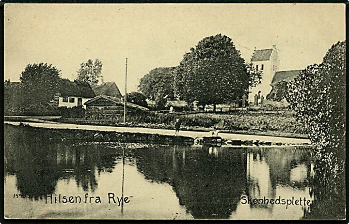 Rye ved Kirke Saaby med kirke og Skønhedspletten. No. 1590. Frankeret 5 øre Chr. X annulleret stjernestempel LINDENBORG og sidestemplet Roskilde d. 4.3.1914.