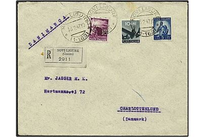35 lire på Rec. brev fra Novi Ligure, Italien, d. 18.2.1947 til Charlottenlund.