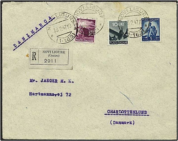 35 lire på Rec. brev fra Novi Ligure, Italien, d. 18.2.1947 til Charlottenlund.