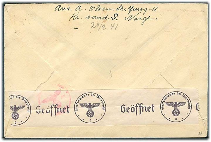 20 øre Løve på brev fra Kristiansand S. d. 15.2.1941 til Lyngby, Danmark. Åbnet af tysk censur i Oslo og passér stemplet ved censuren i København.