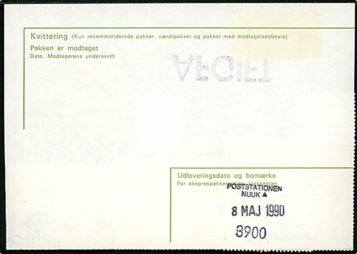 6 kr. og 50 kr. (13) Rigsvåben på 656 kr. frankeret postopkrævnings-adressekort for luftpostpakke på 11½ kg. annulleret med brotype Vd Viborg 3. sn1 d. 3.5.1990 til Godthåb, Grønland. Brotypestempel benyttet ca. 7 måneder senere end registreret af Vagn Jensen. 