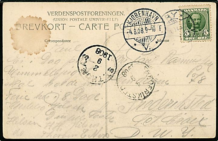 5 øre Fr. VIII på brevkort (Himmelbjerget) fra Ry d. x.8.1908 via Kjøbenhavn V. d. 4.8.1908 og St. Thomas d. 2.9.1908 til Frederiksted, Dansk Vestindien. Ank.stemplet d. 2.9.1908.